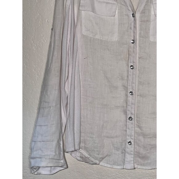 INC. International Concept 8 White Linen Rayon Blouse Pockets Roll Tab Sleeves - Picture 7 of 16